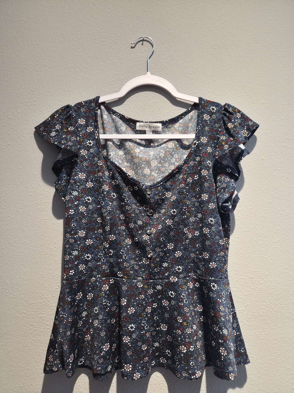 Daily Special Navy Floral Ruffle-Sleeve Peplum Top